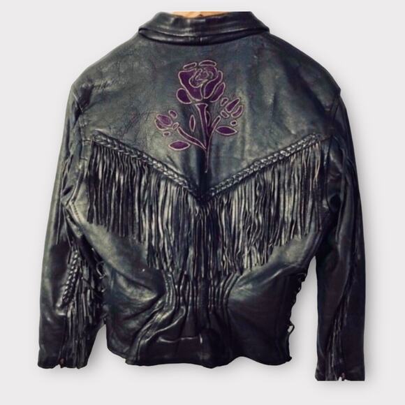Vintage Black Leather Fringe Motorcycle Jacket with Embroidery Large - Picture 4 of 12